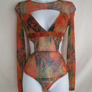 PrettyLittleThing Snake Print Orange Body Suit